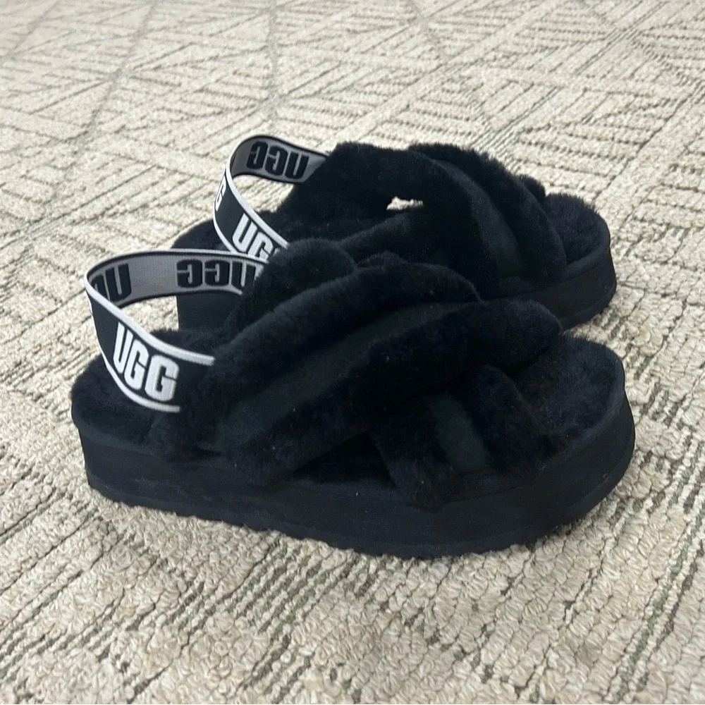 UGG Black Fluffy Slides with Logo Strap - Picture 4 of 10